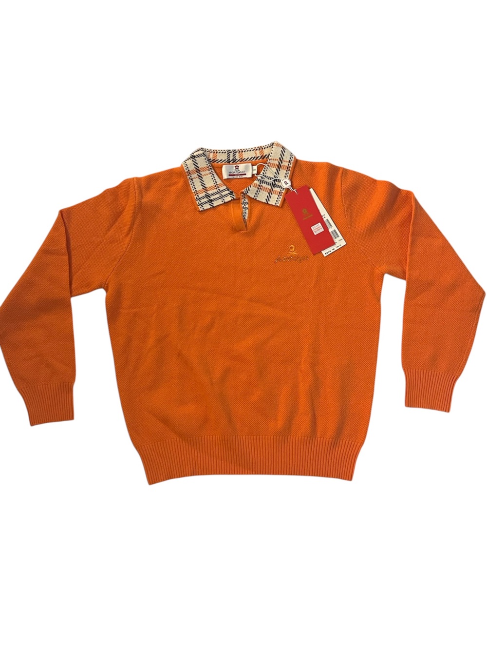 Mon Tagut | Cashmere Men’s Lightweight Polo Knit Orange Luxury Sweater Plaid